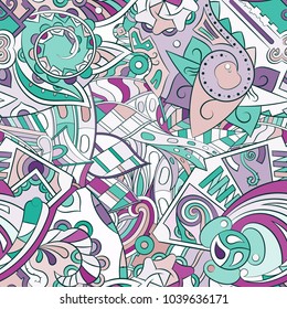 Tracery seamless pattern. Mehndi design. Ethnic colorful doodle texture. Curved doodling background. Vector