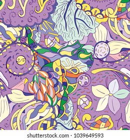 Tracery seamless pattern. Mehndi design. Ethnic colorful doodle texture. Curved doodling background. Vector