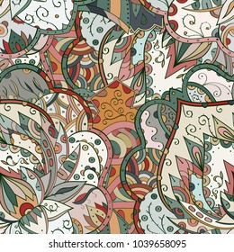Tracery seamless pattern. Mehndi design. Ethnic colorful doodle texture. Curved doodling background. Vector