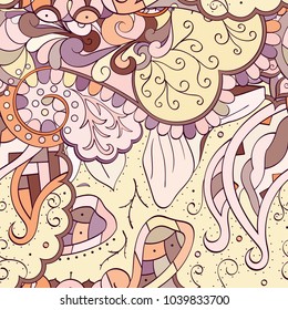 Tracery seamless pattern. Mehndi design. Ethnic colorful doodle texture. Curved doodling background. Vector