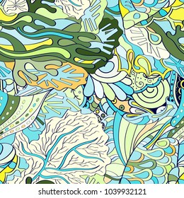 Tracery seamless pattern. Mehndi design. Ethnic colorful doodle texture. Curved doodling background. Vector