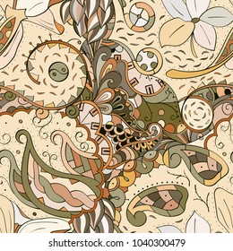 Tracery seamless pattern. Mehndi design. Ethnic colorful doodle texture. Curved doodling background. Vector