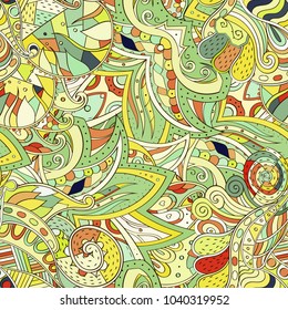 Tracery seamless pattern. Mehndi design. Ethnic colorful doodle texture. Curved doodling background. Vector