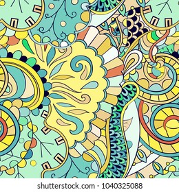 Tracery seamless pattern. Mehndi design. Ethnic colorful doodle texture. Curved doodling background. Vector