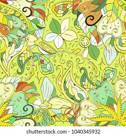 Tracery seamless pattern. Mehndi design. Ethnic colorful doodle texture. Curved doodling background. Vector