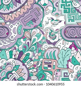 Tracery seamless pattern. Mehndi design. Ethnic colorful doodle texture. Curved doodling background. Vector