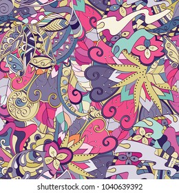 Tracery seamless pattern. Mehndi design. Ethnic colorful doodle texture. Curved doodling background. Vector