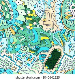 Tracery seamless pattern. Mehndi design. Ethnic colorful doodle texture. Curved doodling background. Vector