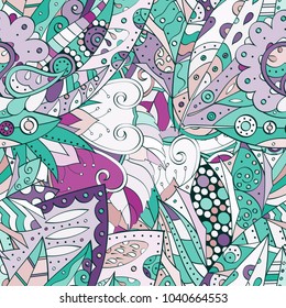 Tracery seamless pattern. Mehndi design. Ethnic colorful doodle texture. Curved doodling background. Vector