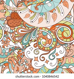 Tracery seamless pattern. Mehndi design. Ethnic colorful doodle texture. Curved doodling background. Vector