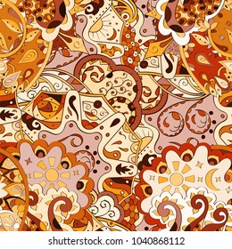 Tracery seamless pattern. Mehndi design. Ethnic colorful doodle texture. Curved doodling background. Vector