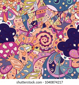 Tracery seamless pattern. Mehndi design. Ethnic colorful doodle texture. Curved doodling background. Vector