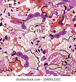 Tracery seamless pattern. Mehndi design. Ethnic colorful doodle texture. Curved doodling background. Vector