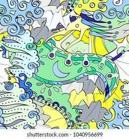 Tracery seamless pattern. Mehndi design. Ethnic colorful doodle texture. Curved doodling background. Vector
