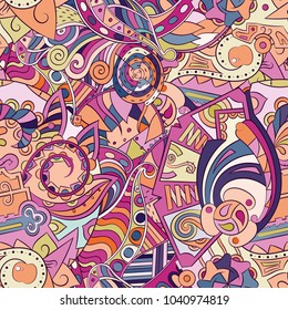 Tracery seamless pattern. Mehndi design. Ethnic colorful doodle texture. Curved doodling background. Vector