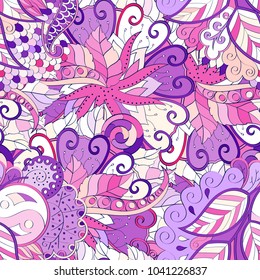 Tracery seamless pattern. Mehndi design. Ethnic colorful doodle texture. Curved doodling background. Vector