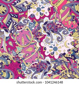 Tracery seamless pattern. Mehndi design. Ethnic colorful doodle texture. Curved doodling background. Vector