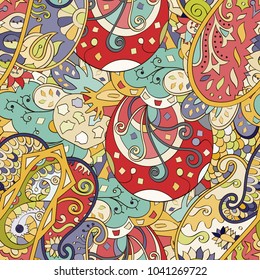 Tracery seamless pattern. Mehndi design. Ethnic colorful doodle texture. Curved doodling background. Vector