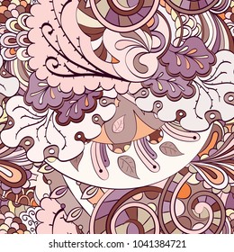 Tracery seamless pattern. Mehndi design. Ethnic colorful doodle texture. Curved doodling background. Vector