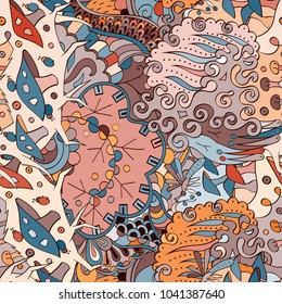 Tracery seamless pattern. Mehndi design. Ethnic colorful doodle texture. Curved doodling background. Vector