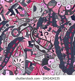 Tracery seamless pattern. Mehndi design. Ethnic colorful doodle texture. Curved doodling background. Vector
