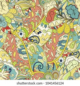 Tracery seamless pattern. Mehndi design. Ethnic colorful doodle texture. Curved doodling background. Vector