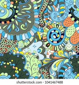 Tracery seamless pattern. Mehndi design. Ethnic colorful doodle texture. Curved doodling background. Vector