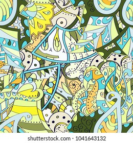 Tracery seamless pattern. Mehndi design. Ethnic colorful doodle texture. Curved doodling background. Vector