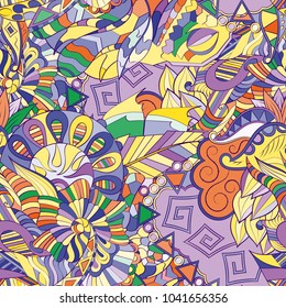 Tracery seamless pattern. Mehndi design. Ethnic colorful doodle texture. Curved doodling background. Vector