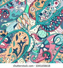 Tracery seamless pattern. Mehndi design. Ethnic colorful doodle texture. Curved doodling background. Vector