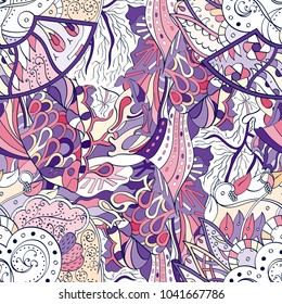 Tracery seamless pattern. Mehndi design. Ethnic colorful doodle texture. Curved doodling background. Vector
