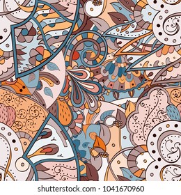 Tracery seamless pattern. Mehndi design. Ethnic colorful doodle texture. Curved doodling background. Vector