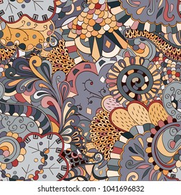 Tracery seamless pattern. Mehndi design. Ethnic colorful doodle texture. Curved doodling background. Vector