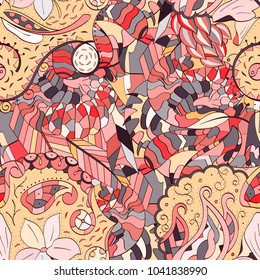 Tracery seamless pattern. Mehndi design. Ethnic colorful doodle texture. Curved doodling background. Vector