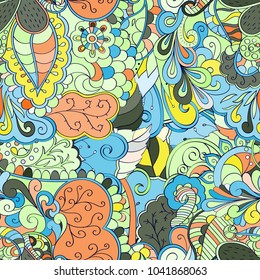Tracery seamless pattern. Mehndi design. Ethnic colorful doodle texture. Curved doodling background. Vector