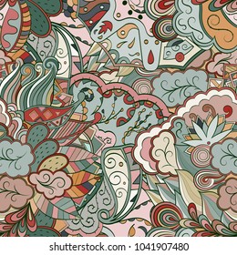 Tracery seamless pattern. Mehndi design. Ethnic colorful doodle texture. Curved doodling background. Vector