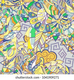 Tracery seamless pattern. Mehndi design. Ethnic colorful doodle texture. Curved doodling background. Vector