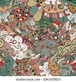Tracery seamless pattern. Mehndi design. Ethnic colorful doodle texture. Curved doodling background. Vector