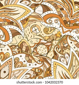 Tracery seamless pattern. Mehndi design. Ethnic colorful doodle texture. Curved doodling background. Vector