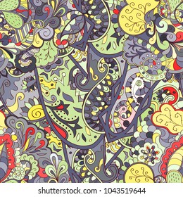 Tracery seamless pattern. Mehndi design. Ethnic colorful doodle texture. Curved doodling background. Vector
