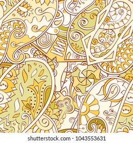 Tracery seamless pattern. Mehndi design. Ethnic colorful doodle texture. Curved doodling background. Vector
