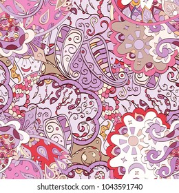 Tracery seamless pattern. Mehndi design. Ethnic colorful doodle texture. Curved doodling background. Vector