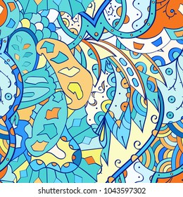 Tracery seamless pattern. Mehndi design. Ethnic colorful doodle texture. Curved doodling background. Vector