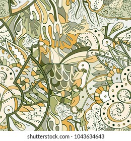 Tracery seamless pattern. Mehndi design. Ethnic colorful doodle texture. Curved doodling background. Vector