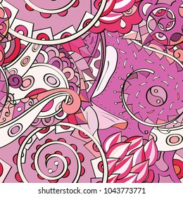 Tracery seamless pattern. Mehndi design. Ethnic colorful doodle texture. Curved doodling background. Vector
