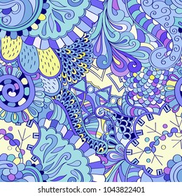 Tracery seamless pattern. Mehndi design. Ethnic colorful doodle texture. Curved doodling background. Vector