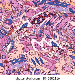 Tracery seamless pattern. Mehndi design. Ethnic colorful doodle texture. Curved doodling background. Vector