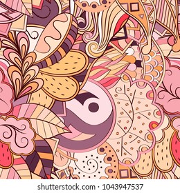 Tracery seamless pattern. Mehndi design. Ethnic colorful doodle texture. Curved doodling background. Vector