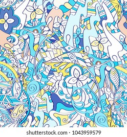 Tracery seamless pattern. Mehndi design. Ethnic colorful doodle texture. Curved doodling background. Vector