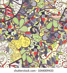 Tracery seamless pattern. Mehndi design. Ethnic colorful doodle texture. Curved doodling background. Vector